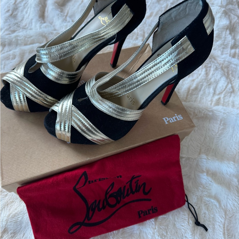 Christian Louboutin Black and Gold Strappy Heels